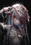  1girl bangs blood breasts bug commentary hair_over_one_eye injury jacket kajaneko long_hair open_clothes open_jacket original red_eyes silk small_breasts solo spider spider_web upper_body white_hair 
