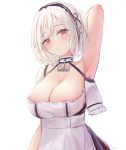  1girl absurdres arm_behind_head arm_up armpits azur_lane bangs blush breasts choker cleavage commentary_request dress eyebrows_visible_through_hair hair_between_eyes highres large_breasts looking_at_viewer lshiki red_eyes short_hair simple_background sirius_(azur_lane) solo sweat white_background white_dress white_hair 