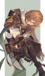  1boy bangs braid brown_hair clothing_cutout commentary_request earrings gloves granblue_fantasy green_background hair_over_one_eye highres holding holding_weapon jewelry lamorak_(granblue_fantasy) long_bangs long_hair long_skirt looking_to_the_side male_focus md5_mismatch mumu_vosp shirt single_earring sitting skirt smile solo thigh_cutout weapon white_shirt 