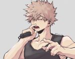  1boy alternate_costume bakugou_katsuki bangs bare_shoulders black_tank_top blonde_hair boku_no_hero_academia collarbone commentary grey_background hair_between_eyes hands_up highres holding holding_microphone looking_at_viewer male_focus microphone modo_(modo_s2) open_mouth red_eyes shiny shiny_skin short_hair simple_background spiked_hair tank_top teeth twitter_username upper_body 