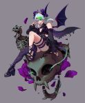  1girl black_gloves black_nails blue_eyes blue_hair breasts bsapricot_(vtuber) claw_pose cleavage cleavage_cutout clothing_cutout demon_wings fingerless_gloves flower gloves green_hair halter_top halterneck high_heels highres horns long_hair looking_at_viewer medium_breasts multicolored_hair multiple_horns open_hand open_mouth pointy_ears purple_flower purple_rose rose single_thighhigh sitting skull smile solo streaked_hair thigh_strap thighhighs virtual_youtuber vshojo wings zambiie 