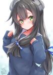  1girl absurdres alternate_costume artist_name black_hair blue_background blue_ribbon blush collarbone commentary_request dated eyebrows_visible_through_hair gradient gradient_background green_eyes grey_neckerchief hair_between_eyes hair_ribbon headgear highres i-47_(kancolle) kantai_collection long_hair long_sleeves mashiro_yukiya neckerchief official_alternate_costume ribbon sailor_collar signature solo upper_body white_sailor_collar 
