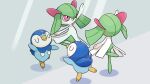  arm_up closed_eyes closed_mouth commentary_request dancing kirlia leg_up no_humans official_art pink_eyes piplup pokemon pokemon_(creature) project_pochama smile toes 