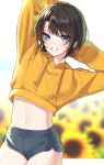  1girl absurdres arms_up black_hair blue_eyes breasts clothes_lift crop_top grin highres hololive hood hoodie looking_at_viewer navel oozora_subaru pomp_(qhtjd0120) shirt_lift short_hair short_shorts shorts smile solo sportswear thighs virtual_youtuber yellow_hoodie 