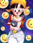  1girl :d belt black_eyes black_hair chain dragon_ball dragon_ball_(object) dragon_ball_gt fingerless_gloves gloves holding looking_at_viewer midriff navel orange_bandana pan_(dragon_ball) pants rom_(20) shirt short_sleeves smile solo space t-shirt w 