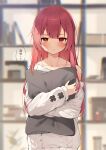  1girl :i bangs blurry blurry_background blush closed_mouth commentary_request eyebrows_visible_through_hair hana_mori heterochromia highres hololive houshou_marine indoors long_hair long_sleeves looking_at_viewer object_hug off_shoulder pillow pillow_hug red_eyes red_hair solo standing sweater tearing_up translation_request upper_body virtual_youtuber white_sweater yellow_eyes 