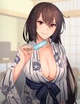  1girl arm_at_side blurry blurry_background breasts brown_hair cleavage closed_mouth collarbone eyebrows_visible_through_hair film_grain food hair_between_eyes hand_up highres holding holding_food indoors japanese_clothes kantai_collection kasumi_(skchkko) kimono large_breasts long_hair long_sleeves nagato_(kancolle) obi popsicle red_eyes sash smile solo upper_body wide_sleeves yukata 