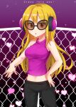  1girl black_pants blonde_hair breasts caramell0501 chain-link_fence eyebrows_visible_through_hair fence headphones heart large_breasts long_hair looking_at_viewer minna_no_rhythm_tengoku navel pants parted_lips purple_shirt rhythm_tengoku shirt sleeveless so&#039;ra solo sunglasses 