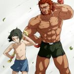  2boys abs beard belt biceps blue_male_underwear boxers bulge dark-skinned_male dark_skin facial_hair fate/zero fate_(series) feet_out_of_frame green_male_underwear iskandar_(fate) lowres male_focus male_underwear multiple_boys muscular muscular_male no_nipples pectorals red_eyes red_hair short_hair skinny thick_thighs thighs topless_male towel underwear underwear_only waver_velvet zyunya 