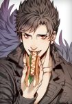  1boy anderain belial_(granblue_fantasy) black_hair black_jacket eating feather_boa fellatio food granblue_fantasy highres hot_dog jacket looking_at_viewer male_focus oral pectoral_cleavage pectorals phallic_symbol sausage sexually_suggestive short_hair simulated_fellatio smile solo spiked_hair toned toned_male 
