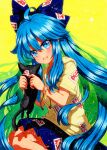  1girl :d animal beige_hoodie black_cat blue_bow blue_eyes blue_hair blue_skirt bow cat eyebrows_visible_through_hair hair_bow holding holding_animal holding_cat long_hair looking_at_animal ofuda ofuda_on_clothes open_mouth pleated_skirt qqqrinkappp short_sleeves skirt smile touhou traditional_media very_long_hair yellow_background yorigami_shion 