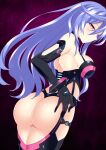  1girl absurdres ass backless_outfit bare_shoulders black_bodysuit black_gloves blue_hair blush bodysuit breasts cowboy_shot elbow_gloves from_behind gloves hand_on_hip hand_on_own_ass hatsune_haruka highres iris_heart kami_jigen_game_neptune_v long_hair looking_at_viewer looking_back medium_breasts midriff neptune_(series) no_wings pink_eyes power_symbol purple_hair pururut revealing_clothes smile solo symbol-shaped_pupils thighs very_long_hair 