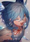  1girl :d arm_up bangs blue_bow blue_dress blue_eyes blue_hair blush bow bowtie cirno diamond-shaped_pupils diamond_(shape) dress english_commentary eyebrows_visible_through_hair fang fingernails grey_background hair_between_eyes hair_bow half_updo heikokuru1224 ice ice_wings looking_at_viewer open_mouth pinafore_dress puffy_short_sleeves puffy_sleeves red_bow red_bowtie shirt short_hair short_sleeves smile solo sparkle symbol-shaped_pupils teeth touhou twitter_username uneven_eyes upper_body upper_teeth white_shirt wings 