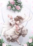  1girl :d absurdres armpits azur_lane bouquet brown_hair commentary_request detached_sleeves dress flower green_eyes highres long_dress looking_at_viewer looking_up official_alternate_costume osatou_(soul_of_sugar) pink_flower pink_rose rose smile solo throwing twintails wedding_dress white_dress white_flower white_rose york_(azur_lane) york_(oath_of_purity)_(azur_lane) 