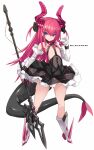  1girl asymmetrical_horns blue_eyes boots breasts commentary_request corset curled_horns detached_sleeves dragon_girl dragon_horns dragon_tail elizabeth_bathory_(fate) elizabeth_bathory_(fate/extra_ccc) fate/extra fate/extra_ccc fate_(series) finger_cots full_body highres holding holding_polearm holding_weapon horns karukan_(monjya) long_hair pink_hair pointy_ears polearm sarkany_csont_landzsa small_breasts solo spiked_boots spiked_footwear standing tail weapon white_footwear 
