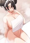  1girl :p agent_(girls&#039;_frontline) bare_shoulders bath black_hair blush breasts chinese_commentary collarbone commentary_request commission double_bun girls&#039;_frontline jewelry kazuha_(saku_kn) large_breasts licking licking_finger maid_headdress medium_hair navel nude ring second-party_source solo steam sweat tongue tongue_out wedding_band yellow_eyes 