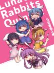  &gt;_&lt; 5girls ambiguous_red_liquid animal_ears arms_behind_head bangs barefoot black_hair blazer blonde_hair blue_dress blush breasts brown_headwear cabbie_hat carrot_necklace collared_shirt commentary_request dango dress earclip eating english_text finger_gun floppy_ears food grin hat inaba_tewi indian_style jacket light_blue_hair long_hair looking_at_viewer mallet medium_breasts medium_hair multiple_girls necktie open_mouth pink_dress pink_skirt pointing pointing_at_viewer purple_hair rabbit_ears rabbit_tail red_eyes red_necktie reisen_(touhou_bougetsushou) reisen_udongein_inaba ribbon-trimmed_dress ringo_(touhou) seiran_(touhou) shirt short_hair short_sleeves sidelocks sitting skirt smile suit_jacket tail touhou triangle_mouth twitter_username unime_seaflower wagashi white_shirt wing_collar yellow_shirt 