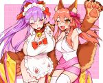  2girls animal_ear_fluff animal_ears animal_hands apron bell blush breasts cat_hair_ornament cat_paws claw_(weapon) claws closed_mouth collar cosplay costume_switch embarrassed eyebrows_visible_through_hair fang fate/extra fate/extra_ccc fate/grand_order fate_(series) fox_ears fox_girl fox_tail gloves hair_ornament hair_ribbon highres huge_breasts jingle_bell koyuki_suzu multiple_girls naked_apron neck_bell o-ring o-ring_top open_mouth passionlip_(fate) passionlip_(fate)_(cosplay) paw_gloves pink_hair pink_ribbon purple_hair purple_ribbon ribbon tail tamamo_(fate) tamamo_cat_(fate) tamamo_cat_(fate)_(cosplay) weapon yellow_eyes 