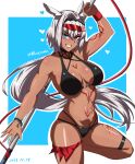  1girl absurdres animal_ears arm_up armpits bandana bangs bare_shoulders bikini black_bikini black_hairband blue_background blue_eyes body_markings breasts caenis_(fate) caenis_(swimsuit_rider)_(fate) cleavage collarbone commentary_request cowboy_shot dark-skinned_female dark_skin dated eyebrows_visible_through_hair eyewear_on_head fate/grand_order fate_(series) grin groin hair_between_eyes hair_intakes hairband harpoon heart highleg highleg_bikini highres holding holding_polearm holding_weapon large_breasts long_hair looking_at_viewer low_ponytail moussaka navel outline polearm red_wristband sidelocks skindentation smile solo standing standing_on_one_leg stomach sunglasses swimsuit teeth thigh_strap twitter_username weapon white_hair white_nails wristband 