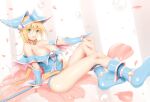  1girl bare_shoulders blonde_hair blue_footwear blue_headwear blush blush_stickers boots breasts calcio cleavage dark_magician_girl duel_monster eyebrows_visible_through_hair green_eyes hair_between_eyes hand_on_own_knee hat highres huge_breasts long_sleeves looking_at_viewer off_shoulder on_flower open_mouth pentagram pink_shorts pink_skirt shorts sitting skirt smile solo thigh_boots thighhighs wizard_hat yu-gi-oh! 