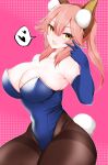  1girl absurdres animal_ear_fluff animal_ears bangs bare_shoulders blue_bow blue_gloves blue_leotard bow breasts brown_legwear cleavage covered_navel elbow_gloves eyebrows_visible_through_hair fang fate/extra fate_(series) fox_ears fox_girl gloves hair_between_eyes hair_bow highleg highleg_leotard highres large_breasts leotard long_hair looking_at_viewer musical_note pantyhose pink_hair sidelocks speech_bubble tamamo_(fate) tamamo_no_mae_(fate/extra) uzura_kazuhisa yellow_eyes 