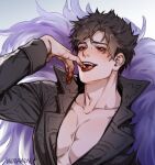  1boy anderain bat_wings belial_(granblue_fantasy) black_hair black_jacket blood demon_wings feather_boa granblue_fantasy jacket licking licking_finger male_focus partially_unbuttoned pectoral_cleavage pectorals short_hair smile solo toned toned_male tongue tongue_out upper_body wings 