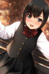  1girl :d absurdres bangs bench black_hair black_skirt black_vest blurry blurry_background blush bow brown_eyes depth_of_field dutch_angle eyebrows_visible_through_hair highres long_sleeves looking_at_viewer matsunaga_kouyou nose_blush on_bench original park_bench pleated_skirt red_bow sitting skirt smile solo teeth upper_teeth vest 