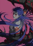  1boy alternate_hairstyle biceps black_gloves blue_hair bodypaint claws closed_mouth colored_skin cu_chulainn_(fate) cu_chulainn_alter_(fate/grand_order) dark_blue_hair dark_persona earrings eilinna elbow_gloves english_commentary facepaint fate/grand_order fate_(series) floating_hair from_side gloves grey_skin hair_down jewelry long_hair looking_at_viewer male_focus monster_boy muscular muscular_male pectorals red_eyes simple_background skin_tight slit_pupils solo spiked_hair spikes tail topless_male 