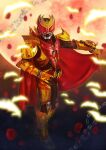  1boy armor bat cape chain fangs flower gloves gothic hand_on_hip highres kamen_rider kamen_rider_kiva kamen_rider_kiva_(emperor_form) kamen_rider_kiva_(series) kivat-bat_iii male_focus moon moonlight petals red_cape red_eyes red_moon rider_belt rose rose_petals tachibana_satsuki_(artist) tokusatsu vampire 