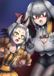  2girls alternate_costume alternate_eye_color animal_ears animal_hands animal_nose bangs bangs_pinned_back bat_ears bat_hair_ornament breasts cape claw_pose commentary dual_persona english_commentary fake_animal_ears fang fangs forehead gloves grey_hair hair_between_eyes hair_ornament hairband halloween halloween_costume head_wings highres john_(a2556349) kemono_friends large_breasts looking_at_viewer multiple_girls open_mouth pantyhose paw_gloves paw_hair_ornament red_eyes shirt shoebill_(kemono_friends) short_hair signature single_sidelock white_gloves white_shirt yellow_eyes 