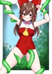  1girl absurdres arms_up ascot blush bow breasts brown_eyes brown_hair collared_leotard covered_navel hair_bow hair_tubes hakurei_reimu highres leotard long_hair looking_at_viewer red_bow red_leotard restrained shinonome_asu tentacles tentacles_under_clothes touhou yellow_ascot 