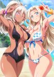  2girls ;d absurdres armpits bangs beach bikini black_choker black_swimsuit blonde_hair blue_eyes blue_sky blurry blurry_background blush border bracelet breasts casual_one-piece_swimsuit choker cloud collarbone covered_nipples cowboy_shot dark-skinned_female dark_elf dark_skin day deep_skin ear_piercing earrings elf eyebrows_visible_through_hair eyelashes fingernails flower groin hair_flower hair_ornament hand_on_own_chest heart heart_choker heart_earrings heart_necklace hibiscus highres jewelry large_breasts long_hair looking_at_viewer multi-strapped_bikini multiple_girls navel ocean one-piece_swimsuit one_eye_closed open_mouth original outdoors page_number palm_tree parted_bangs piercing pointy_ears polka_dot polka_dot_bikini purple_eyes purple_scrunchie sand scrunchie side-by-side side-tie_swimsuit sky smile standing stomach swimsuit tan teeth toranoana tree v washizuka_shou water white_bikini white_border wrist_scrunchie 