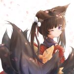  1girl amagi-chan_(azur_lane) animal_ear_fluff animal_ears azur_lane back bangs blunt_bangs brown_hair brown_tail cherry_blossoms closed_mouth commentary_request eyebrows eyebrows_visible_through_hair fluffy fox_ears fox_tail from_side hair_ornament hair_ribbon head_tilt highres japanese_clothes kimono kitsune kyuubi long_hair looking_at_viewer multiple_tails obi off-shoulder_kimono off_shoulder one_eye_closed petals purple_eyes purple_kimono red_kimono ribbon rope sash sherly_hiberna shimenawa shiny shiny_hair sidelocks simple_background sleeveless sleeveless_kimono solo tail tearing_up twintails white_background white_ribbon 