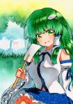  1girl :d bangs bare_shoulders blue_ribbon blue_skirt breasts detached_sleeves eyebrows_visible_through_hair forest frilled_skirt frills frog_hair_ornament gohei grass green_background green_hair green_theme hair_ornament hair_tubes holding holding_stick kochiya_sanae large_breasts long_hair looking_at_viewer nature navel open_mouth outdoors qqqrinkappp ribbon shirt sitting skirt sleeveless sleeveless_shirt smile snake_hair_ornament solo stick torii touhou traditional_media tree upper_body wide_sleeves 