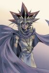  1boy armlet atem big_hair black_hair blonde_hair bright_pupils cape closed_mouth commentary_request ear_piercing earrings floating_cape highres jewelry looking_at_viewer male_focus millennium_puzzle piercing purple_cape purple_eyes solo soya_(sys_ygo) spiked_hair twitter_username white_pupils yu-gi-oh! yu-gi-oh!_duel_monsters 