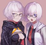  2girls artist_name breasts cleavage cloak dated fate/grand_order fate_(series) glasses highres hood hood_down hooded_cloak ituki jacket jacques_de_molay_(foreigner)_(fate) mash_kyrielight medium_breasts multiple_girls necktie purple_eyes smile 
