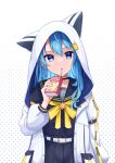  1girl animal_hood apple_juice bangs belt black_sailor_collar black_shirt blue_eyes blue_hair cat_hood choker commentary_request drink drinking drinking_straw earrings eyebrows_visible_through_hair highres holding holding_drink hololive hood hood_up hooded_jacket hoshimachi_suisei jacket jewelry juice_box long_hair looking_at_viewer meiruuuu. neckerchief open_clothes open_jacket pocket sailor_collar shirt solo star_(symbol) star_in_eye symbol_in_eye virtual_youtuber white_jacket yellow_neckerchief 