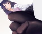  1girl bangs black_legwear blurry blurry_foreground blush depth_of_field eyebrows_visible_through_hair feet foot_focus foreshortening from_below long_hair looking_at_viewer no_shoes original pantyhose parted_lips purple_eyes purple_hair purple_shirt shirt simple_background sogdin soles solo white_background white_shirt 