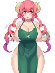  1girl :o absurdres apron bangs bare_shoulders barista blurry blush breasts cafe cleavage coffee_cup collarbone commentary cowboy_shot cup curvy disposable_cup dragon_girl dragon_horns english_commentary eyebrows_visible_through_hair fingernails green_apron hands_up highres holding holding_cup holding_marker horns huge_breasts iced_latte_with_breast_milk_(meme) ilulu_(maidragon) instagram_logo instagram_username kobayashi-san_chi_no_maidragon long_hair looking_at_viewer mandytsune marker meme nail_polish naked_apron pink_hair pointy_ears simple_background skindentation slit_pupils solo standing thick_thighs thighs twintails twitter_logo twitter_username watermark white_background 