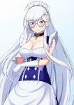  1girl adjusting_eyewear azur_lane belfast_(azur_lane) bespectacled black_choker blue_background blue_corset blue_eyes blush breasts chain choker cleavage collarbone commentary_request dress glasses gloves highres large_breasts lemon_kele looking_at_viewer maid maid_headdress round_eyewear silver_hair smile solo white_dress white_gloves 