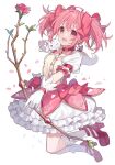  1girl bangs bow bow_(weapon) breasts bubble_skirt buttons chiri_(ch!) choker dress flower flower_ornament gloves high_heels holding holding_weapon kaname_madoka kneehighs kyubey magical_girl mahou_shoujo_madoka_magica open_mouth petals pink_eyes pink_hair puffy_short_sleeves puffy_sleeves red_footwear rose short_hair short_sleeves short_twintails skirt small_breasts smile twintails weapon white_background white_dress white_gloves white_legwear 