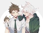  2boys bangs blush breast_pocket brown_hair character_doll collarbone collared_shirt danganronpa_(series) danganronpa_2:_goodbye_despair green_eyes green_jacket green_necktie grey_background grey_eyes grey_hair hair_between_eyes hand_puppet hand_up heart hinata_hajime hood hood_down jacket komaeda_nagito looking_at_another male_focus messy_hair multiple_boys necktie open_clothes open_jacket open_mouth pocket pointy_nose print_shirt puppet shirt short_sleeves simple_background smile teeth upper_teeth white_background white_shirt yaoi yusa_(yusa0751) 