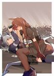  2girls animal_ears arknights bangs brown_hair chinese_commentary dragon_girl dragon_horns dragon_tail elbow_gloves fox_ears fox_girl franka_(arknights) girl_on_top gloves gun horns jacket jiugong09064 liskarm_(arknights) long_hair looking_at_another lying multiple_girls on_back orange_eyes silver_hair smile sword tail thighhighs weapon yuri 