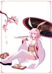  1girl absurdres alcohol animal_ears bangs branch cherry_blossoms cup dress drinking_glass flip-flops fox_ears full_body goblet hair_between_eyes hair_ornament highres holding holding_umbrella honkai_(series) honkai_impact_3rd japanese_clothes kimono kiseru long_sleeves mochimochi_qwq oil-paper_umbrella petals pink_hair pipe purple_eyes sandals simple_background sitting smoking solo tray umbrella wedding_dress white_background white_kimono white_legwear wind_chime wine wine_glass yae_sakura yae_sakura_(gyakushinn_miko) 