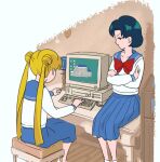  2girls :o animated animated_gif bad_link bishoujo_senshi_sailor_moon black_hair blonde_hair blue_eyes blue_screen_of_death blue_skirt bow commentary computer crossed_arms desk disappointed drawfag english_commentary error_message indoors keyboard_(computer) looking_at_another mizuno_ami mouse_(computer) multiple_girls on_desk red_bow school_uniform serafuku short_hair sitting sketch skirt tsukino_usagi twintails typing 