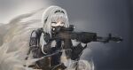  1girl an-94 an-94_(girls&#039;_frontline) armband assault_rifle black_gloves blue_eyes clov3r commentary english_commentary gas_mask girls&#039;_frontline gloves gun hairband highres holding holding_gun holding_weapon kalashnikov_rifle long_sleeves mask rifle scope silver_hair solo tactical_clothes weapon 