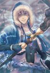  1boy belt blue_hair bracelet capelet closed_mouth collarbone covered_abs cu_chulainn_(caster)_(fate) cu_chulainn_(fate) earrings fate/grand_order fate_(series) floating_hair fur-trimmed_hood fur_trim highres holding holding_staff hood hood_up hooded_capelet jewelry long_hair looking_at_viewer male_focus red_eyes shiny skin_tight snow solo staff twitter_username wooden_staff yaguremaru 