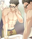  2boys abs adjusting_eyewear bara bathroom black_hair black_pants brown_eyes brown_hair brown_pants brushing_teeth glasses holding holding_toothbrush ishida_mitsunari_(sengoku_basara) jigoku_meguri large_pectorals looking_at_another male_focus mirror mirror_image multiple_boys muscular muscular_male navel nipples pants pectorals sengoku_basara short_hair spiked_hair tokugawa_ieyasu_(sengoku_basara) toothbrush topless_male white_hair 