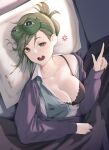  1girl absurdres artist_name bed black_bra black_shirt blanket blush bra breasts buck_teeth collarbone da_souls eyebrows_visible_through_hair green_eyes green_hair green_shirt hair_bun highres idolmaster idolmaster_shiny_colors index_finger_raised large_breasts long_hair long_sleeves looking_at_viewer lying nanakusa_hazuki on_back on_bed open_clothes open_mouth open_shirt pajamas pepe_the_frog pillow shirt sleep_mask sleepy solo teeth under_covers underwear upper_teeth 