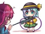  2girls arm_up black_footwear black_headwear blue_shirt commentary_request floral_print frilled_shirt_collar frilled_skirt frilled_sleeves frills green_eyes green_hair green_skirt gun hat hat_ribbon holding holding_gun holding_weapon komeiji_koishi komeiji_satori m40_rifle multiple_girls pink_eyes pink_hair ribbon rifle rose_print shadow shirt siblings simple_background sisters skirt smile sniper_rifle socks standing sweat sweating_profusely third_eye touhou unime_seaflower weapon white_background white_legwear yellow_ribbon yellow_shirt 